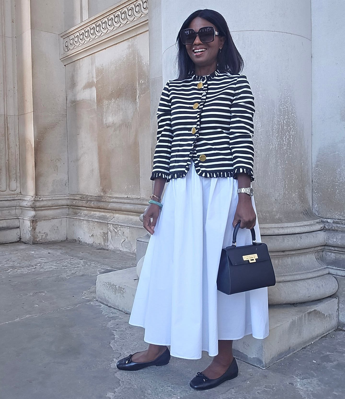A Striped Jacket and White Midi Skirt: The Kind of Polished Daywear That Always Feels Right